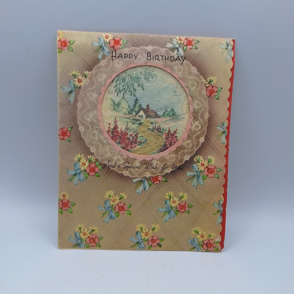 Vintage Happy‎ Birthday Card Scenic Cottage Lace Trim Greeting 1950s